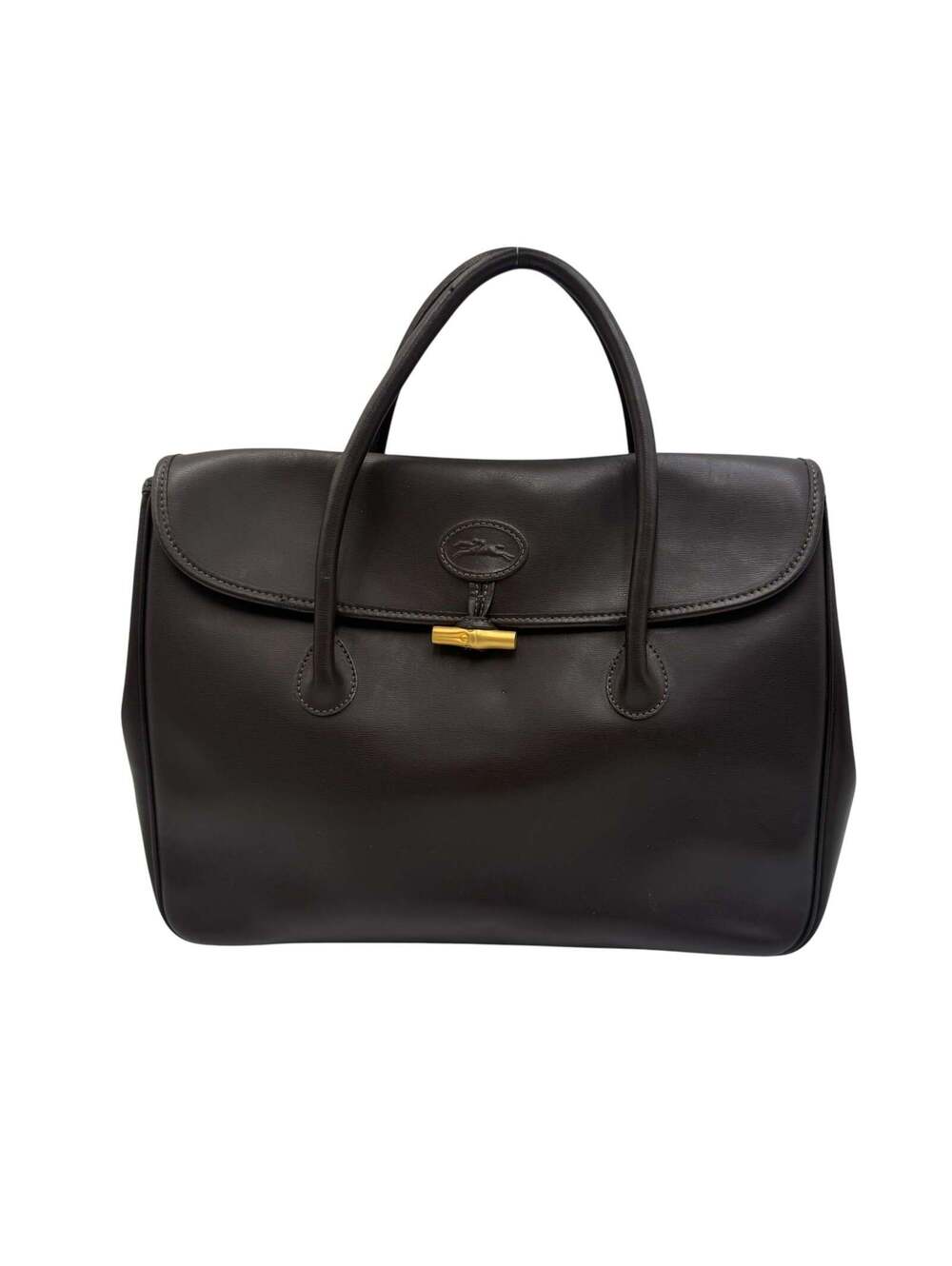 Longchamp Vintage Roseau Top Handle Satchel Bag Dark Brown Leather